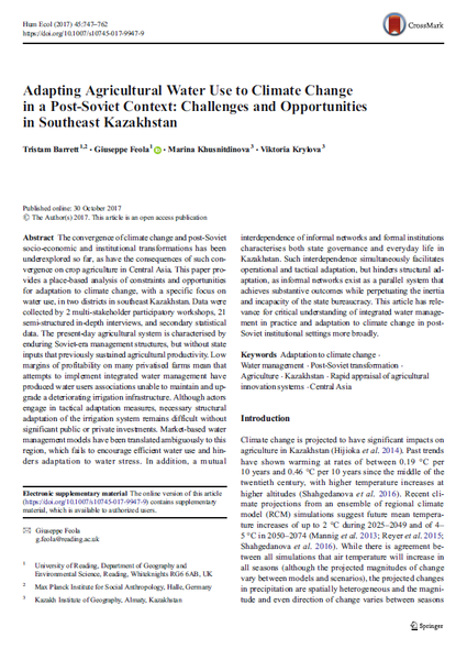 Adapting Agricultural Water Use to Climate Change in a Post-Soviet Context: Challenges and Opportunities in Southeast Kazakhstan