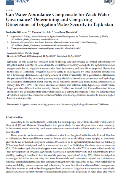 Can Water Abundance Compensate for Weak Water Governance? Determining and Comparing Dimensions of Irrigation Water Security in Tajikistan