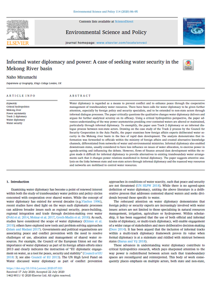 Informal water diplomacy and power: A case of seeking water security in the Mekong River basin