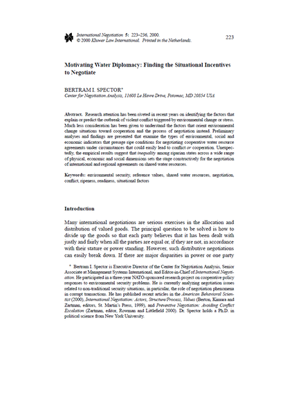 Motivating Water Diplomacy: Finding the Situational Incentives to Negotiate
