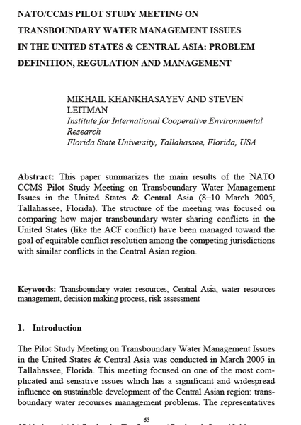 Nato/Ccms Pilot Study Meeting on Transboundary Water Management Issues in the United States & Central Asia: Problem Definition, Regulation and Management