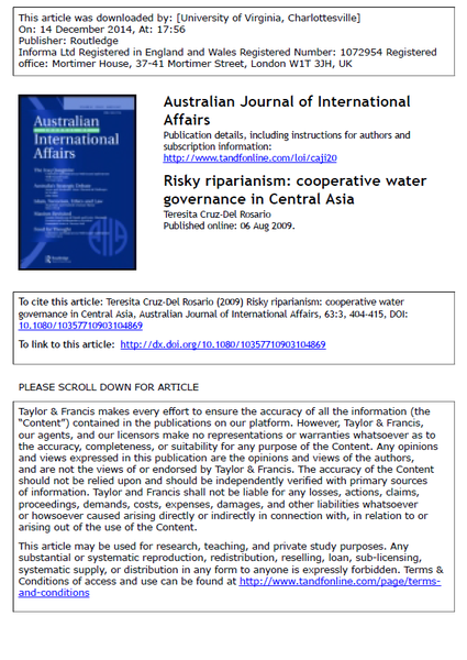 Risky riparianism: cooperative water governance in Central Asia