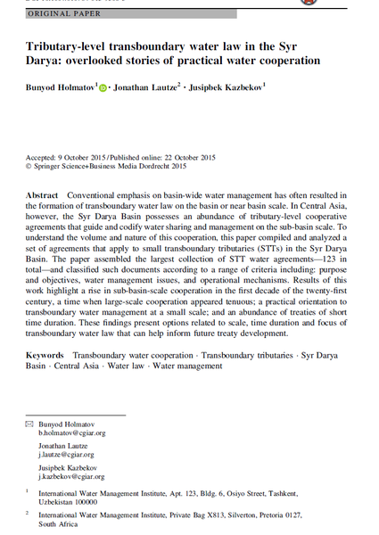 Tributary-level transboundary water law in the Syr Darya: overlooked stories of practical water cooperation