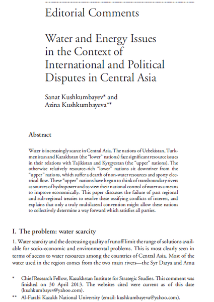 Water and Energy Issues in the Context of International and Political Disputes in Central Asia