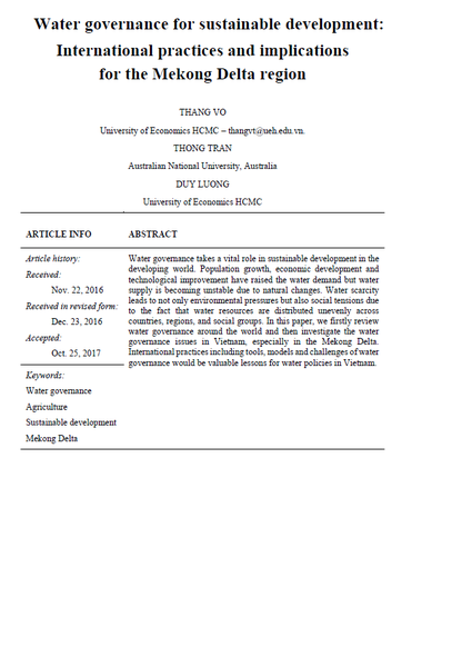 Water governance for sustainable development: International practices and implications for the Mekong Delta region